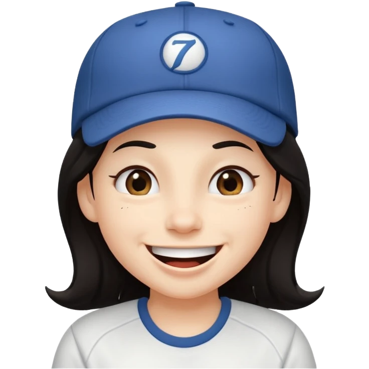Digital illustration of a cartoon character with a big smile on its face and whinking. The character has long dark hair and is wearing a white baseball cap and casual clothes. The overall style of the illustration is cute and playful. emoji