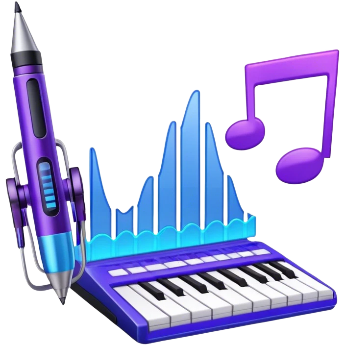 Create a creative and inspiring emoji that represents writing music tracks. The design should feature musical notes, a pen or pencil, and a digital audio workstation (DAW) interface or a computer screen with a visible waveform, symbolizing the process of composing and arranging a track. Add elements like a metronome or a pair of headphones to reflect the recording and editing aspects. Use vibrant colors like electric blue, purple, or neon green to represent creativity and innovation in music production. The background should be transparent. emoji