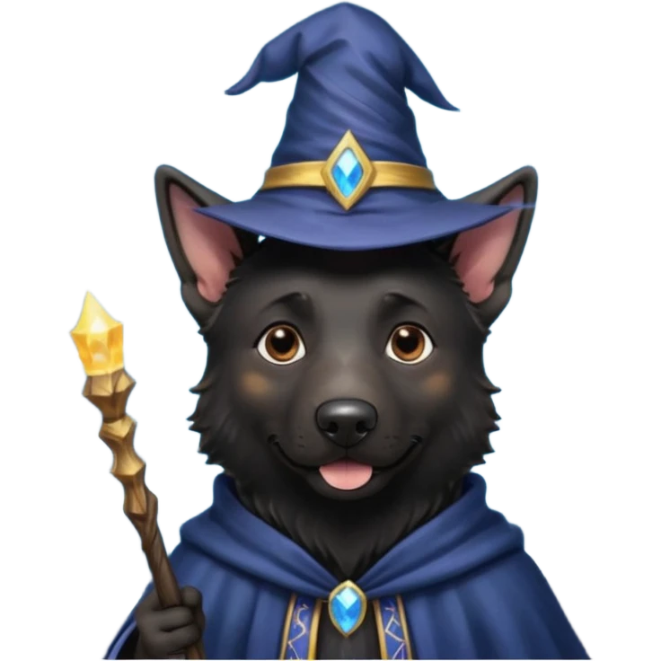 all black german shepherd face wearing a wizard hat and staff and magic swirling around him emoji