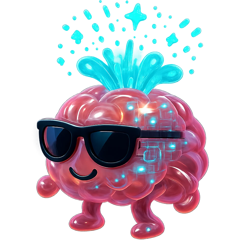 Edit to make the brain look like an AI, with circuitry, glowing blue and green lights, and a digital explosion, keep the sunglasses. emoji
