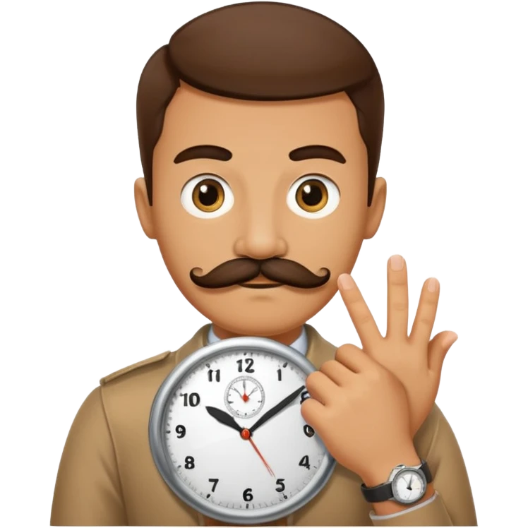 a watch person, a wrist watch with a face (eyes and mouth) in it and the clock hand are positioned to look like a moustache emoji