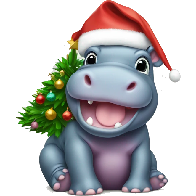 Baby hippo with Christmas tree emoji