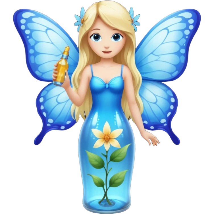 full body woman long blonde hair blue eyes white skin butterfly fairy wings and nectar bottle emoji