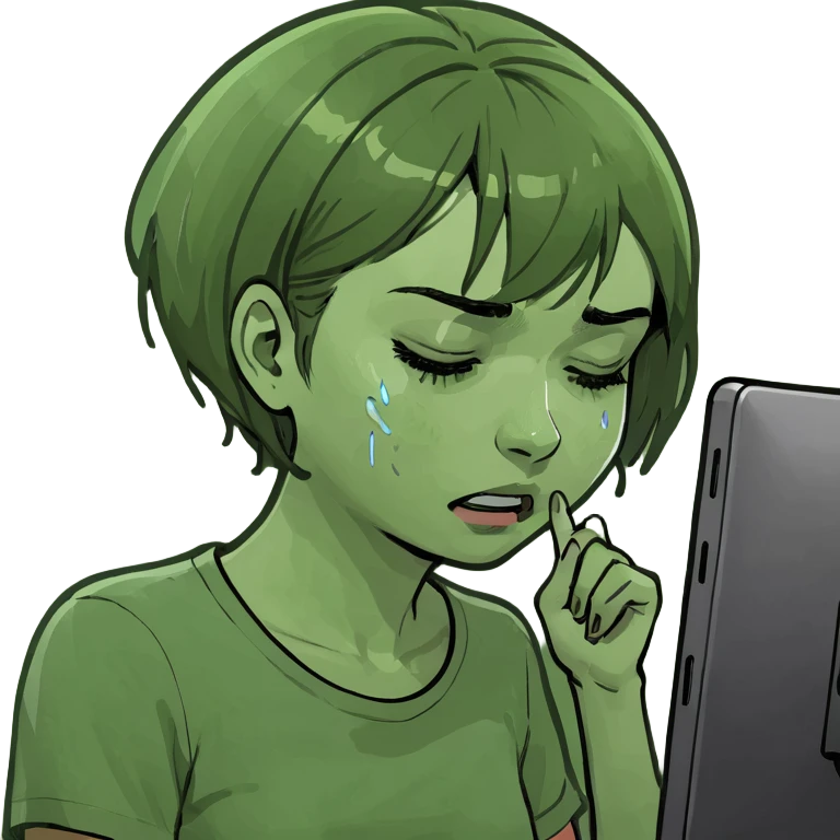 girl with short hair using pc and crying emoji