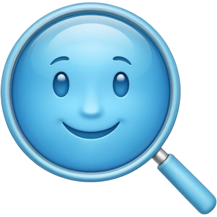 A 3D emoji-style magnifying glass, smooth rounded shapes, soft gradient blue ring, glossy plastic material, subtle highlights and reflections, simple minimal design, pastel blue color, slightly thick proportions, soft lighting, clean white background, modern emoji aesthetic, centered composition emoji