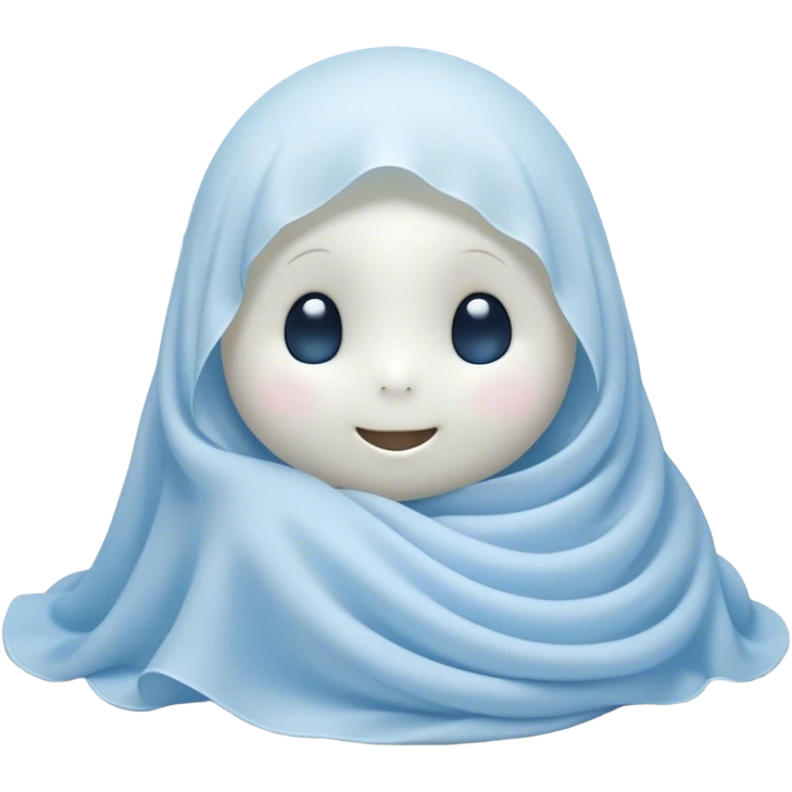 An adorable, peacefully floating sheet-like ghost in gentle pastel whites and blues, its soft, rounded form loosely draped, head resting with closed, serene sparkling eyes and a tiny, contented smile, simplified yet irresistibly charming, highly detailed, with a soft glowing outline that captures the essence of a sleepy, endearing spirit wrapped in cozy slumber! emoji