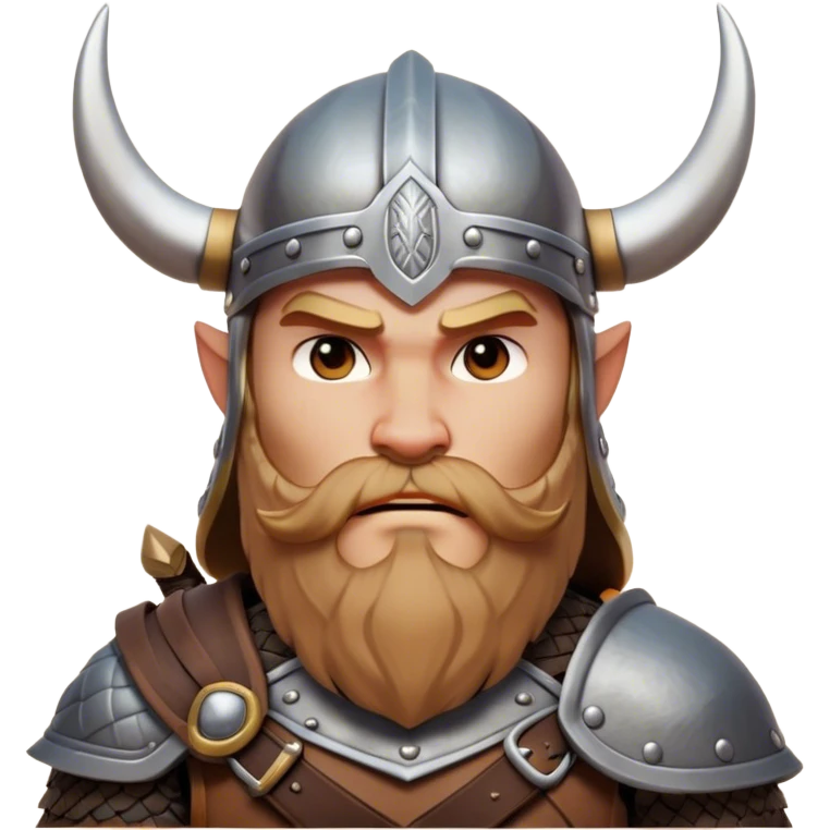 Clash of Clans aesthetic: Cinematic Fierce Viking Portrait Emoji, Poised and bold with a rugged yet stylized build, wearing a simple horned helmet and sporting a neatly trimmed beard, his face rendered in a natural skin tone, intense eyes reflecting fierce determination, Simplified yet dynamic features, highly detailed, glowing with a cool, battle-ready radiance, high shine, brave and resolute, stylized with an air of ancient Nordic valor, focused and commanding, soft glowing outline, capturing the essence of a fearless Viking adventurer ready to set sail on epic quests! emoji