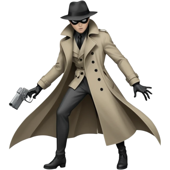 Die-cut sticker of Spider-Noir, monochrome black and grey palette, trench coat fluttering, 1940s detective aesthetic. Sharp edges, heavy shadows, white border, isolated on white background, high detail. emoji