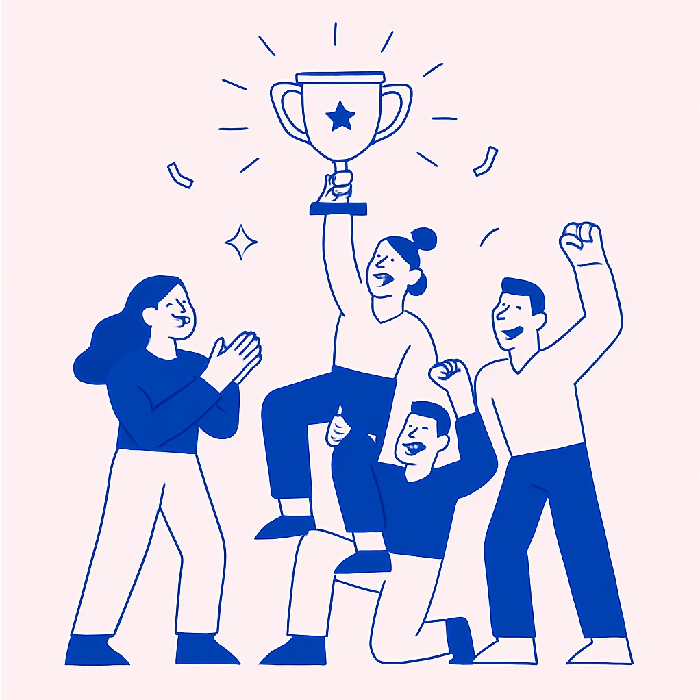 team celebrating with trophy, simple blue illustration, minimalist with bold flat blue colors and clean lines emoji