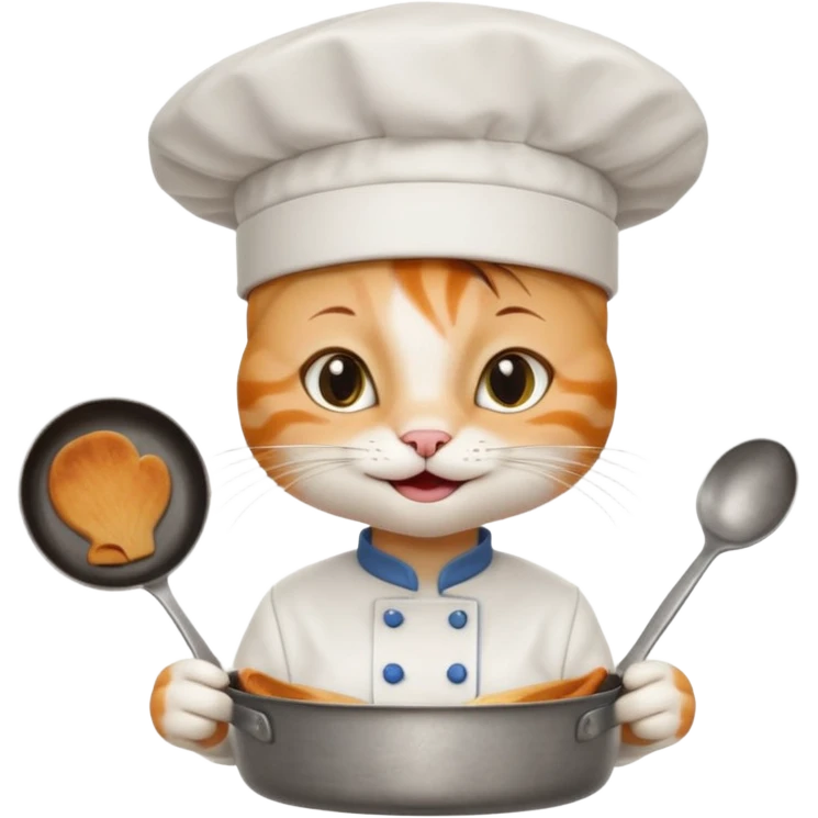 White girl cat with a chef hat holding a pan while smiling emoji