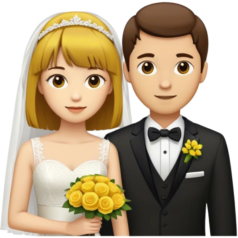 One bride: yellow skin, hair: mid-long hair, bang, light brown hair. The groom, yellow skin, hair: short and dark brown emoji