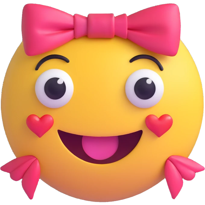 3D smiley emoji, nagy szempillás, masnival és szívecskével, szerelmes emoji