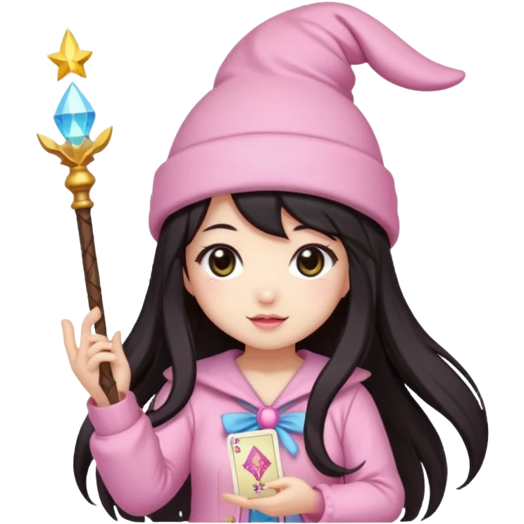 pixel art chibi asian girl with dark long hair in pink bunny hat magical girl with kawaii tarot cards thrown in air pixel emoji emoji