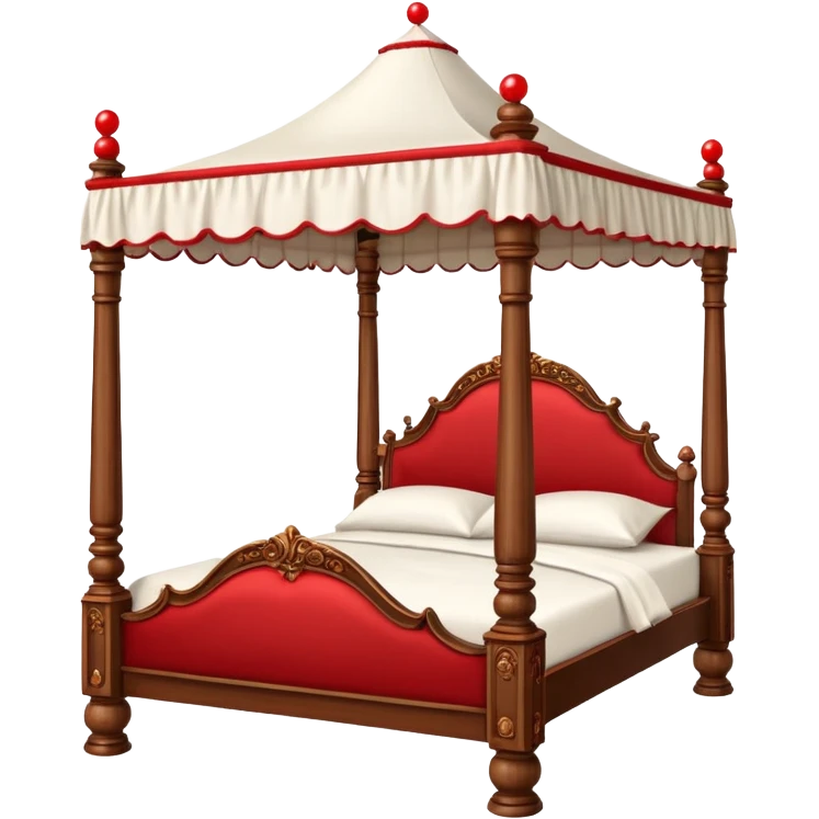 Wooden four poster bed with canopy handing small red balls on edge  emoji