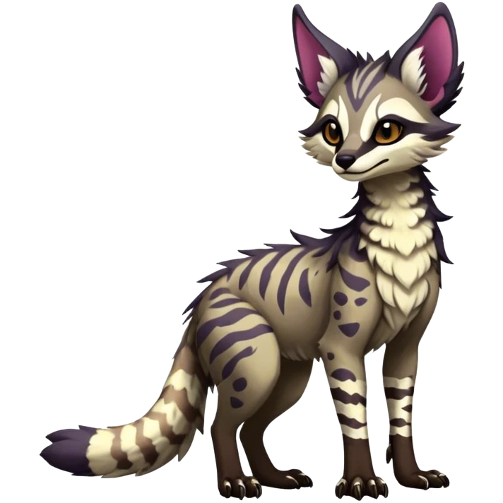 Feral Rare Fantasy dark colorful Vernid-Sergal-Genet-Trico-species by LiLaiRa, random markings, tufted tail, tufted ears, full body emoji