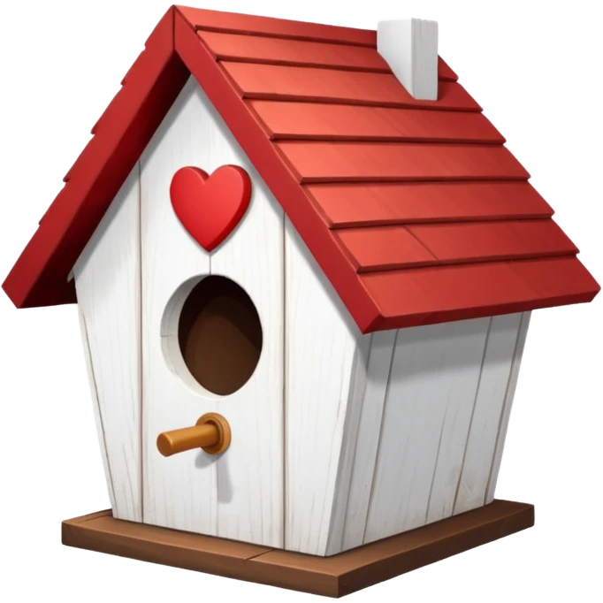a birdhouse with a normal circular hole and a red roof with the rest white and a heart at the top but below the roof emoji
