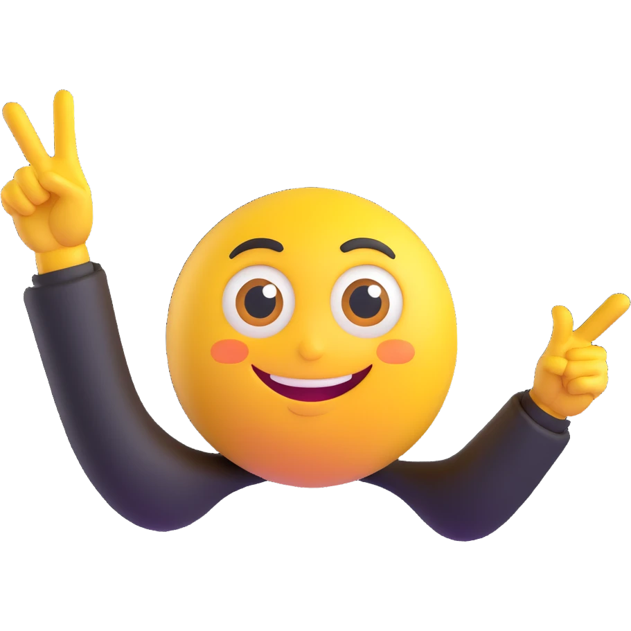 A yellow round emoji character with big eyes and a confident smile, clearly pointing both index fingers at itself. Strong “ME!” expression. Bold cartoon style, isolated on white emoji