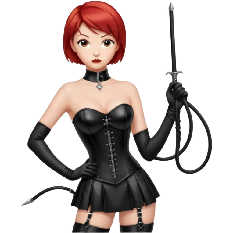 mistress, dominant girl, short red hair, serious look, shiny black leather corset, latex miniskirt, whip in hand, long black gloves, black hold-ups, high heels emoji