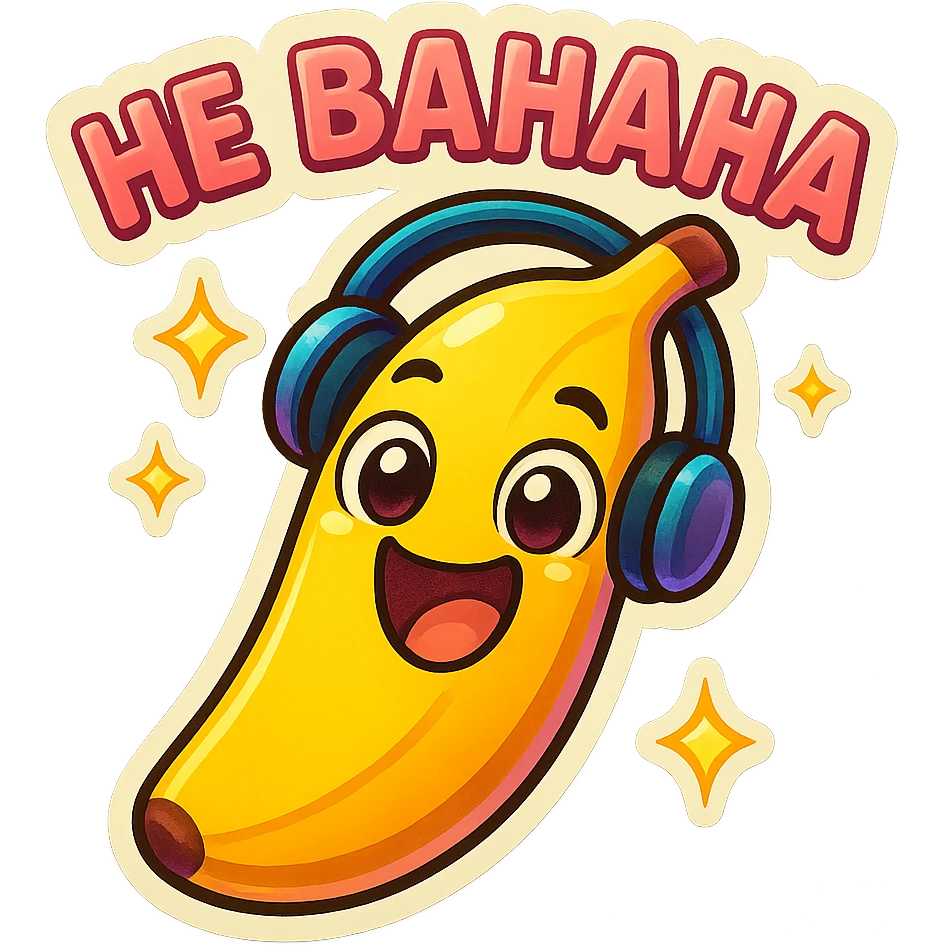 Funny cartoon banana, big happy smiling face, wearing tiny headphones, wide excited eyes, tiny sparkles around, text above: "НЕ БАНАНА ", chibi style, Twitch emoji style, colorful, transparent background emoji
