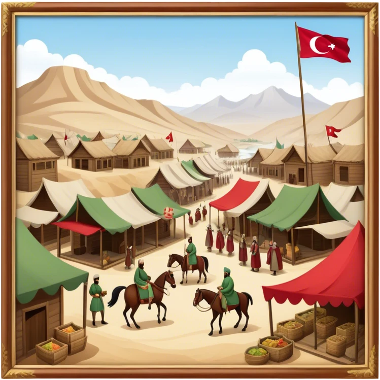 Early Ottoman settlement being built. Wooden houses, tents, and a small market. People in traditional Ottoman clothes, soldiers on horseback, and a flag waving emoji