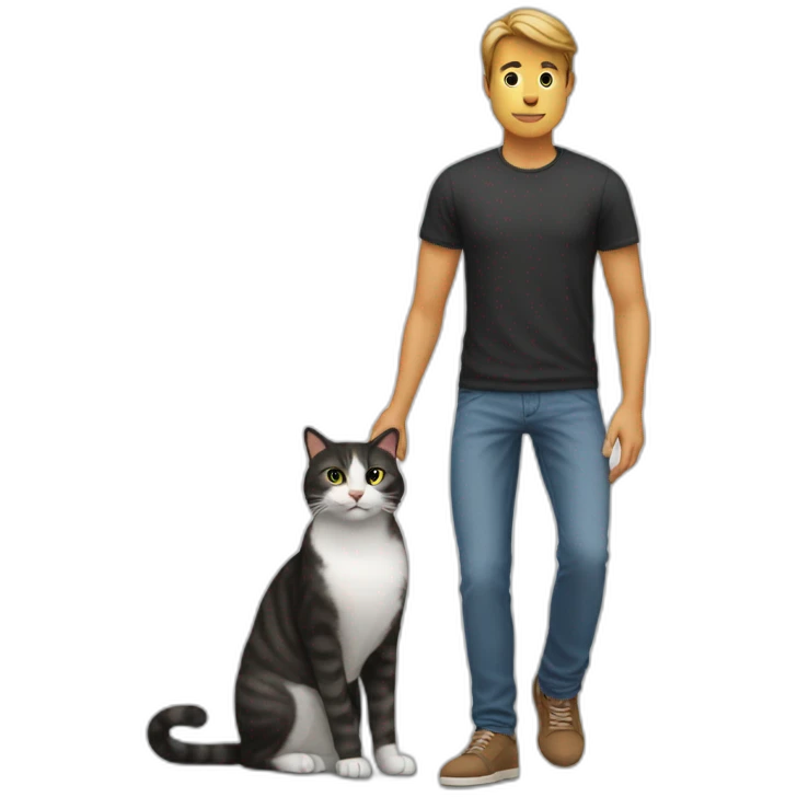 man holding mobile and cat is near to leg emoji