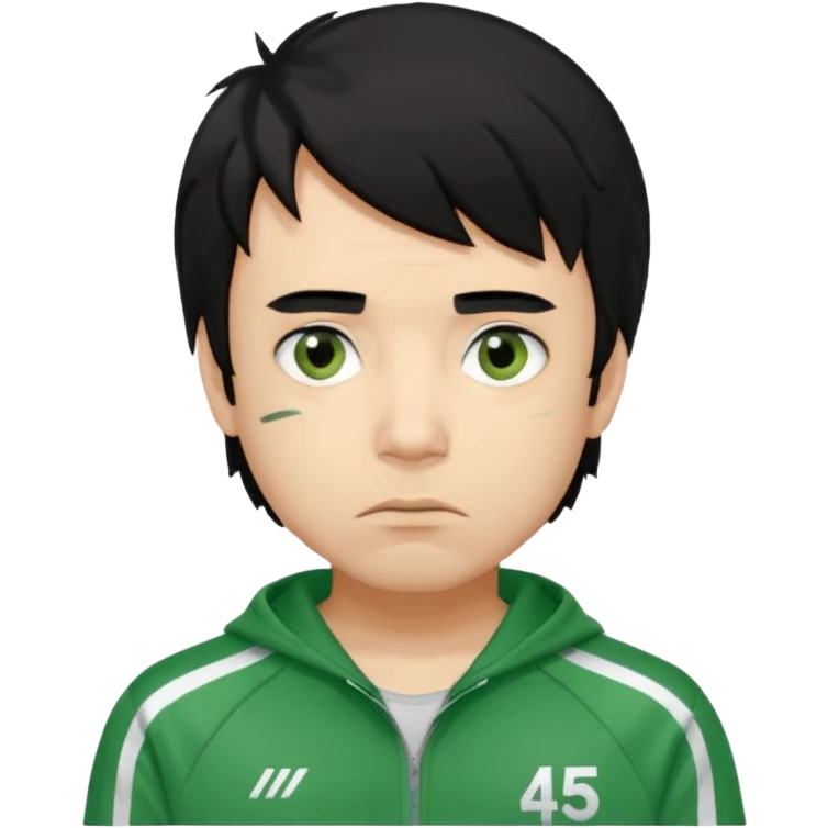 squid game player 456
Hair: Messy, medium-length black hair 🖤💇‍♂️
Face: Tired eyes, often anxious or nervous look 😟👀
Clothes: Green tracksuit with white stripes 🟢👟 (number 456 on his chest)


 emoji