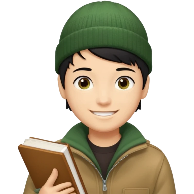 tan skin, non binary man with pixie cut black hair, wearing brown jacket and dark green beanie, smiling , holding up  book  emoji