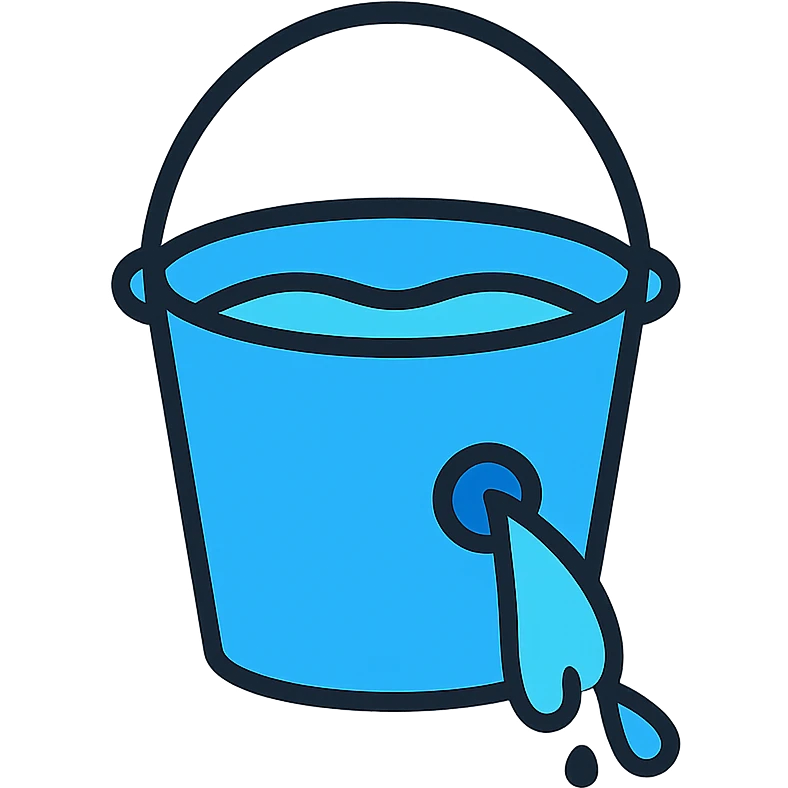 blue bucket of water with a hole in the side, water pouring out, color outline icon style emoji