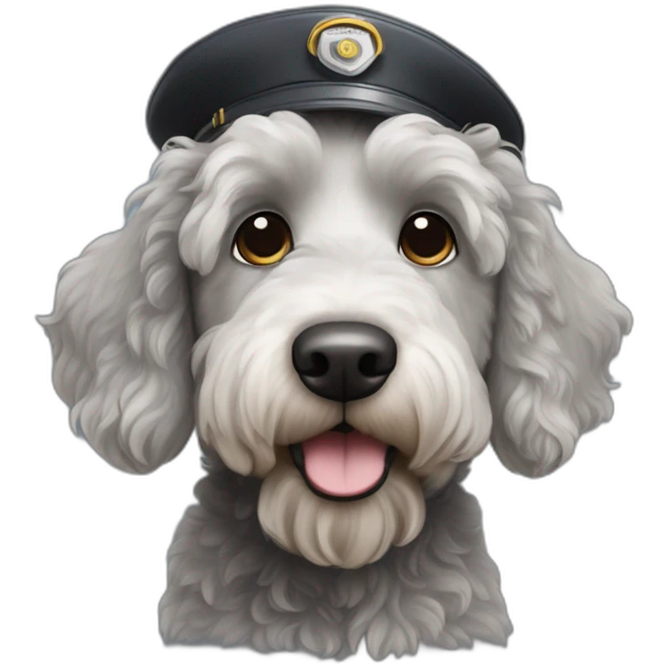 black and grey labradoodle dog's face with short ears and a long nose and a pilot cap on emoji
