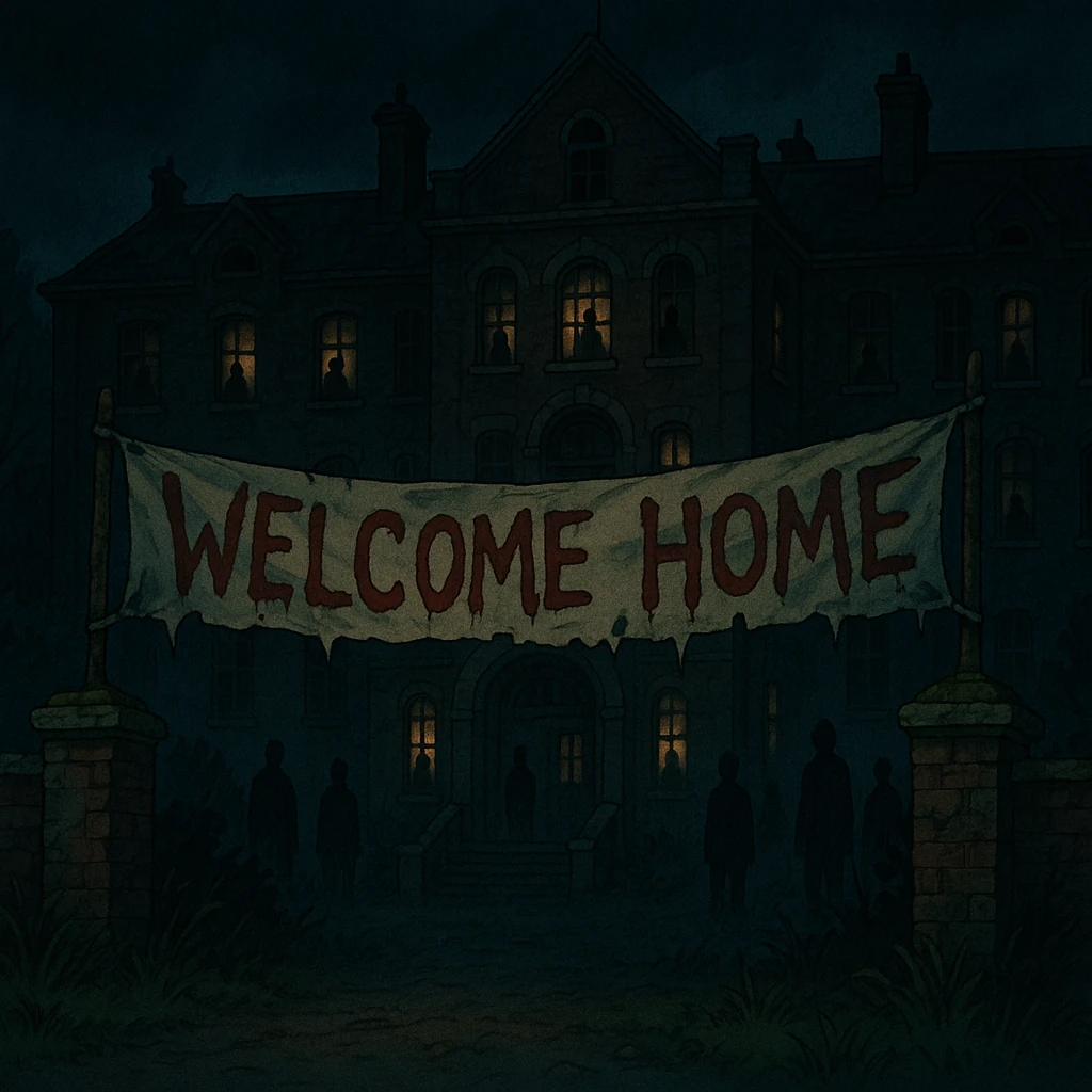 creepy banner, abandoned asylum with flickering lights and shadowy figures, psychological horror style emoji