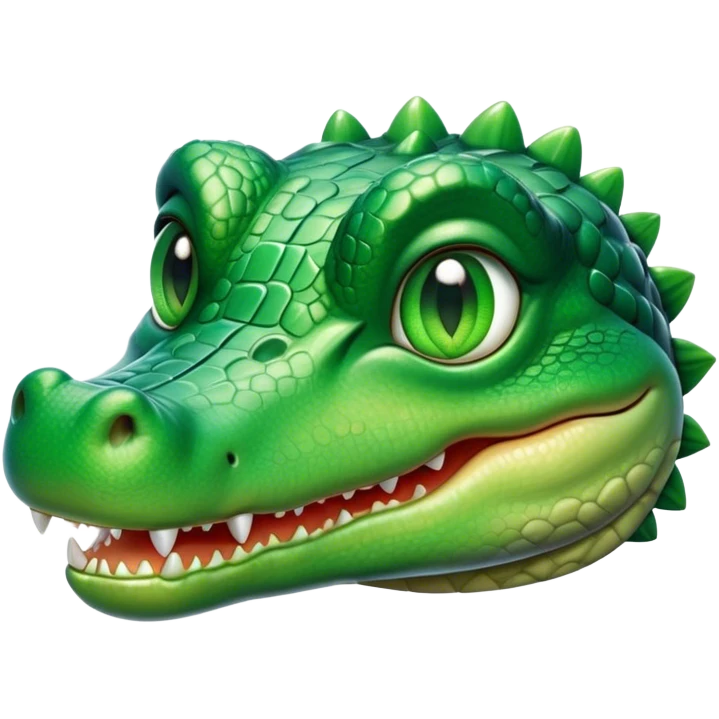 Cinematic Cute Crocodile Portrait Emoji, Head tilted playfully and inquisitively, featuring a smooth, glossy emerald-green hide with subtle textured scales and round, sparkling eyes filled with curious mischief, Simplified yet irresistibly adorable features, highly detailed, glowing with a warm, friendly glow, high shine, affectionate and surprisingly charming, stylized with a touch of wild whimsy, bright and endearing, soft glowing outline, capturing the essence of a mischievous yet lovable crocodile, so playful it feels like it could snap out of the screen into your arms! emoji