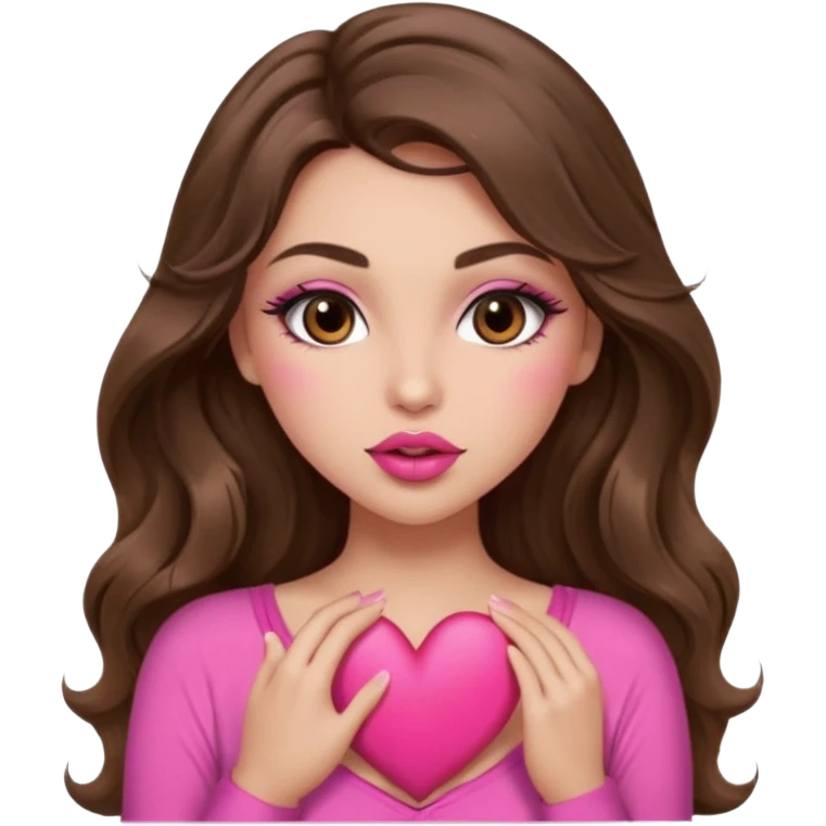 girl with long wavy brown hair, brown eyes, long lashes makeup, sexy pink lips, light to medium complexion, wearing a pink sexy top, sexy , puckering, blushing, kissing a heart sexy emoji