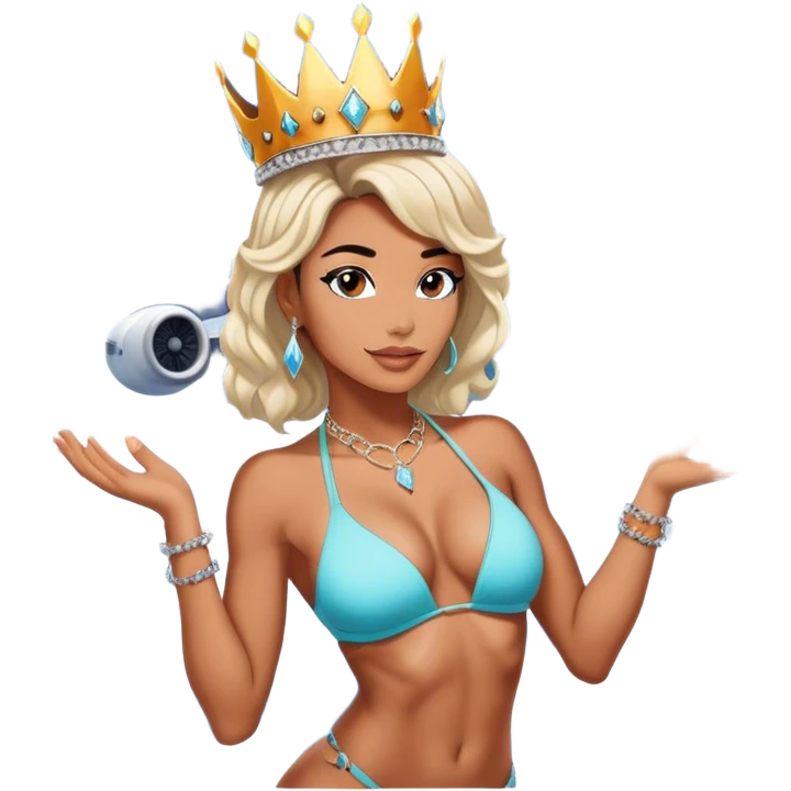 Josh King Madrid—aka JetSet—in a private jet. He’s sporting a gleaming crown and piles of diamond chains that catch the sunlight. The plane windows are open, revealing puffy white clouds just beyond. Next to him is Three stunning Fitness bikini models—Tefi Valenzuela, Narmin Assiria emoji