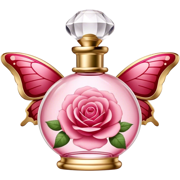 An elegant perfume bottle in Angel Pink with gold accents, surrounded by delicate butterflies with Rose Red and Deep Red wings, gracefully fluttering in a warm, romantic glow. emoji