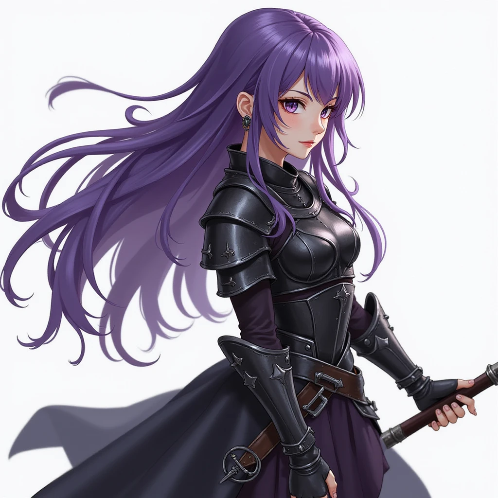 A mysterious warrior girl with flowing purple hair, dressed in black armor, in a dynamic pose, detailed fantasy illustration. emoji