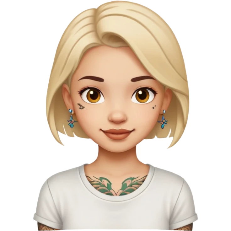 girl with small face tattoos, cheerful expression, wearing a shirt emoji