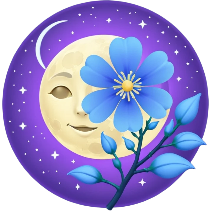 mitnight violet-colored Moon with light blue blossom emoji