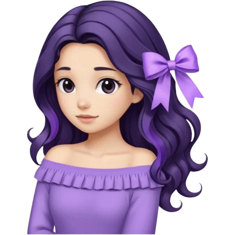Girl with black wavy long hair and a ribbon hair clip beside it make it look like wearing a lavender off shoulder sweater make its hair stay in the back emoji
