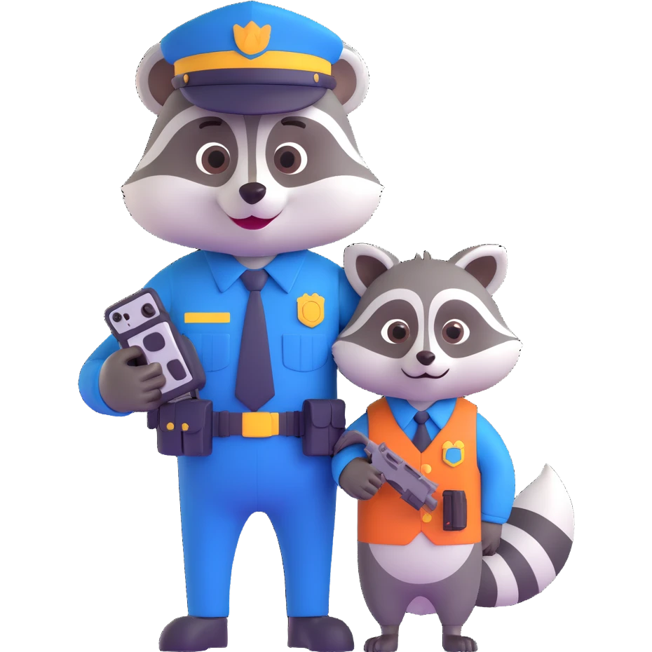 Add a mischievous pet raccoon next to the large, goofy federal agent in 3D cartoon style with transparent background. emoji