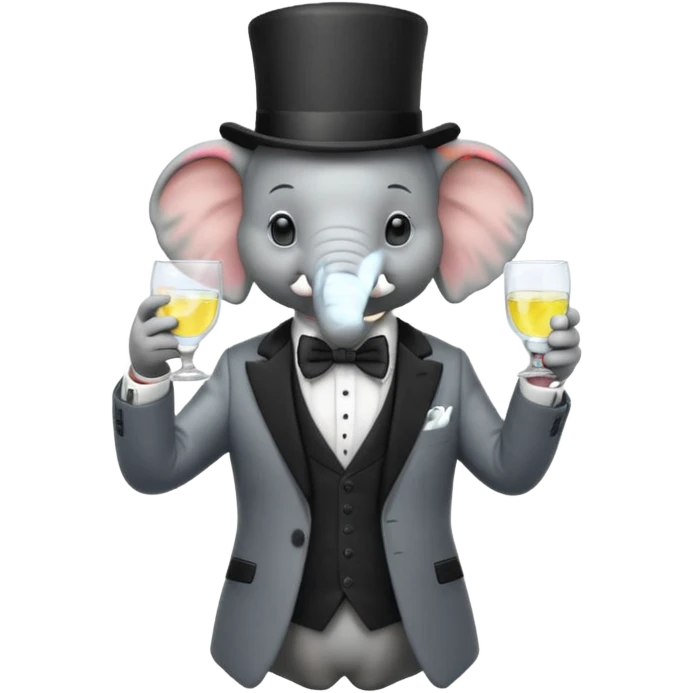 elephant wearing suit, bowtie and top hat, holding glass of water emoji