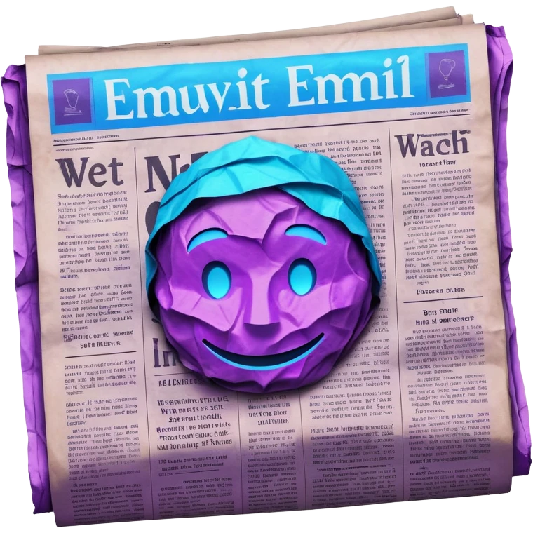 newspaper with headlines and neon glow effect, blue neon glow on top left, purple neon glow on bottom right emoji