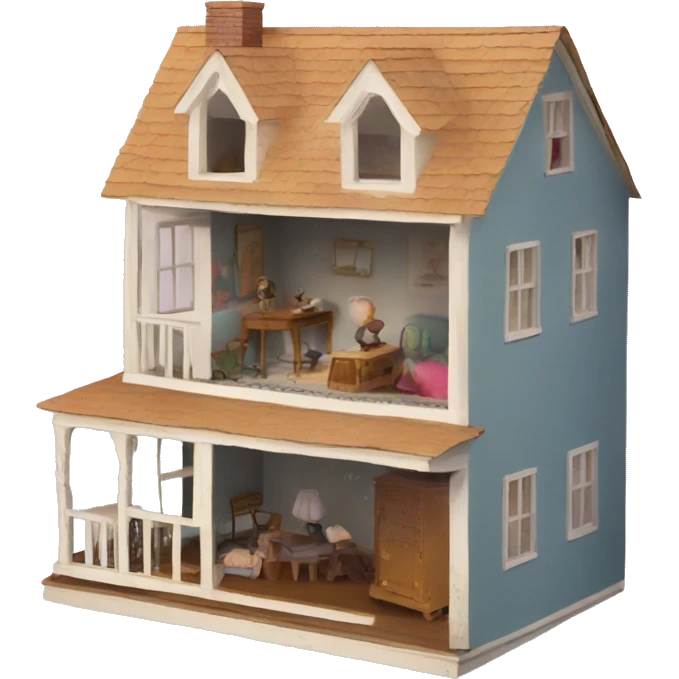 A broken-down dollhouse with a doll sitting inside,  emoji