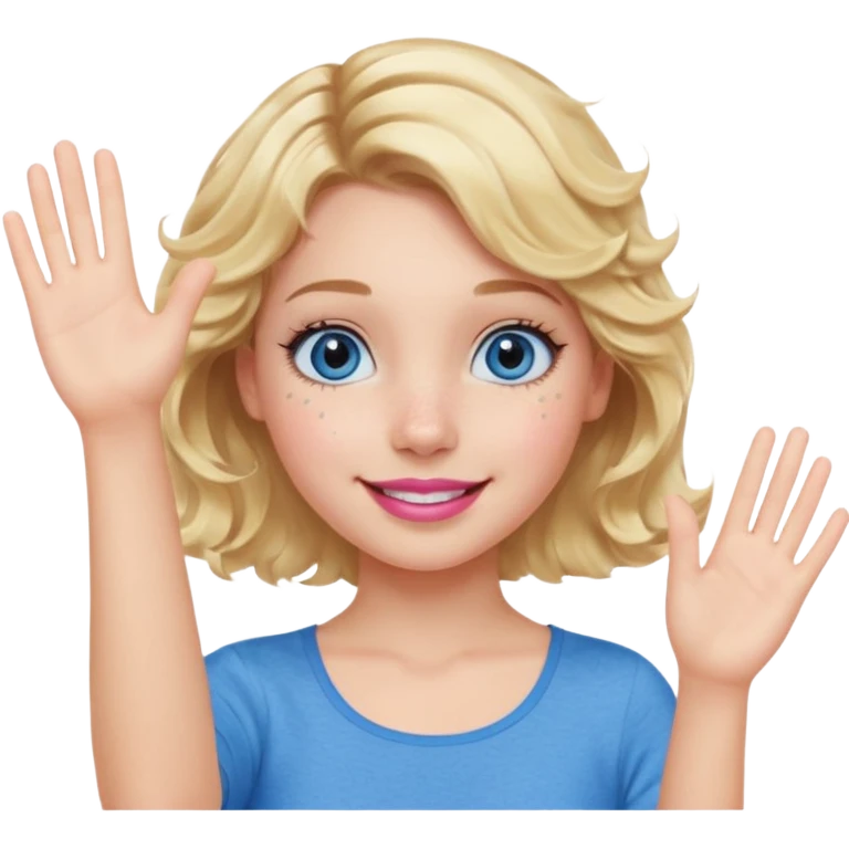 Girl Blonde short wavy hair,  blue eyes, cute blue top, long lashes, pink lips, smiling, waving hello  emoji