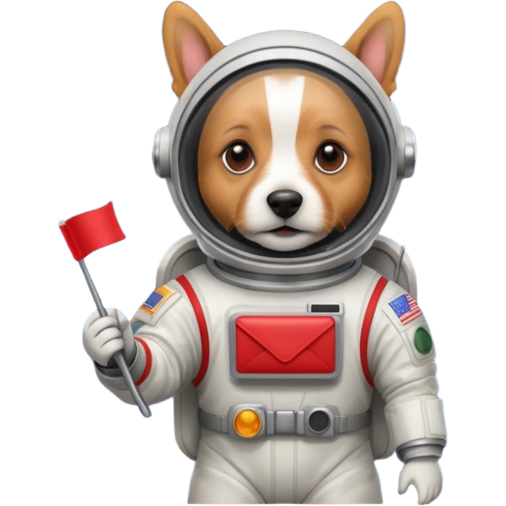 terrier in space suit holding red rectangle flag emoji