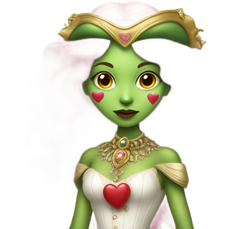 a green amazon alien woman in Victorian white gold, pink hair full body,holdig red big hearth emoji