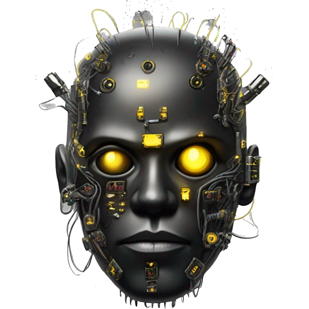 black metal cyborg head with circuitry, one artificial eyeball, and yellow Mohawk goatee emoji