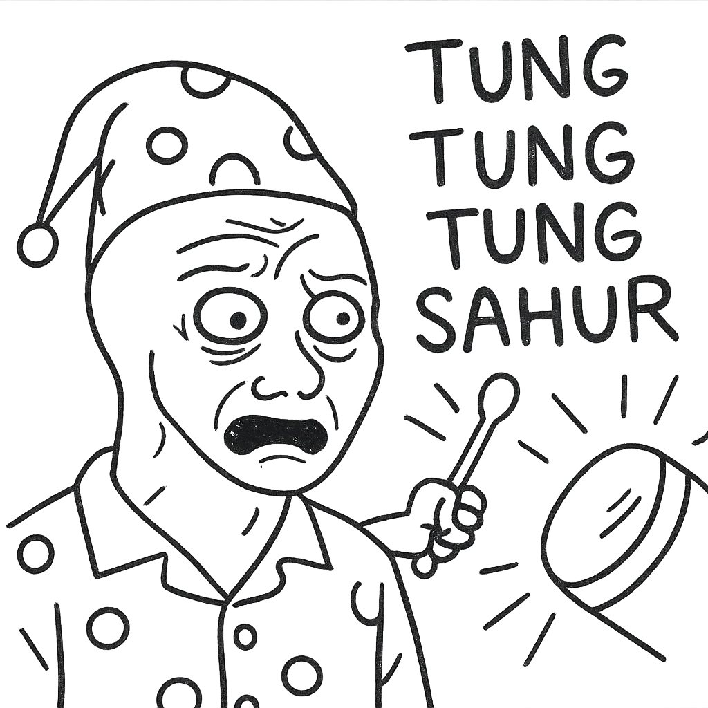 sleepy person in pajamas startled awake by loud 'tung tung tung sahur' sounds, funny meme cartoon style emoji