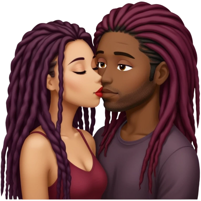 Dark Wine colored hair Latina long hair, kissing black guy with dreads emoji