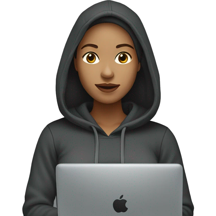 light skin woman in a dark grey hoodie, holding black laptop emoji