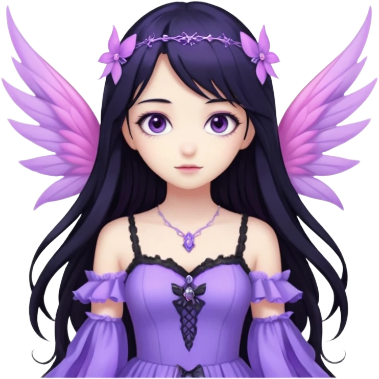 Gothic anime fairy with long beautiful black hair and violet dress, pastelcore, emoji